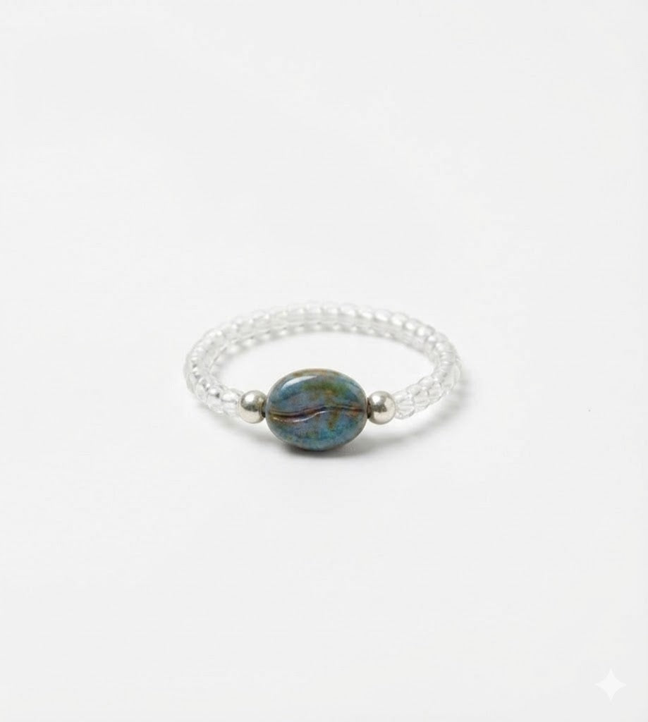 Blue Hand-Glazed Ceramic Center Bead Ring with Clear Glass Band
