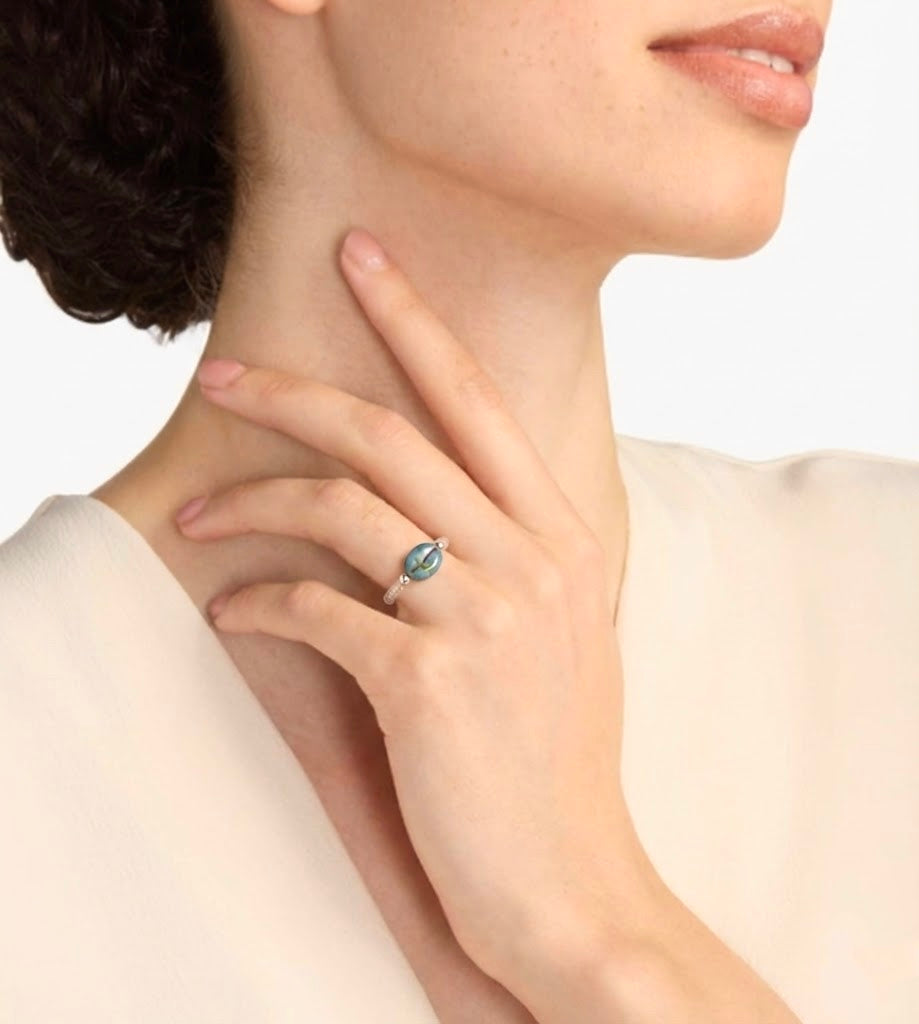 Blue Hand-Glazed Ceramic Center Bead Ring with Clear Glass Band