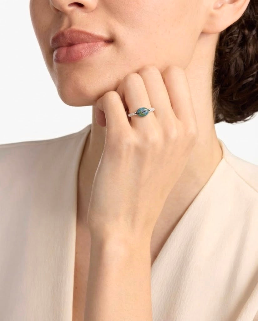 Blue Hand-Glazed Ceramic Center Bead Ring with Clear Glass Band